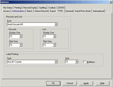 Options Fonts box