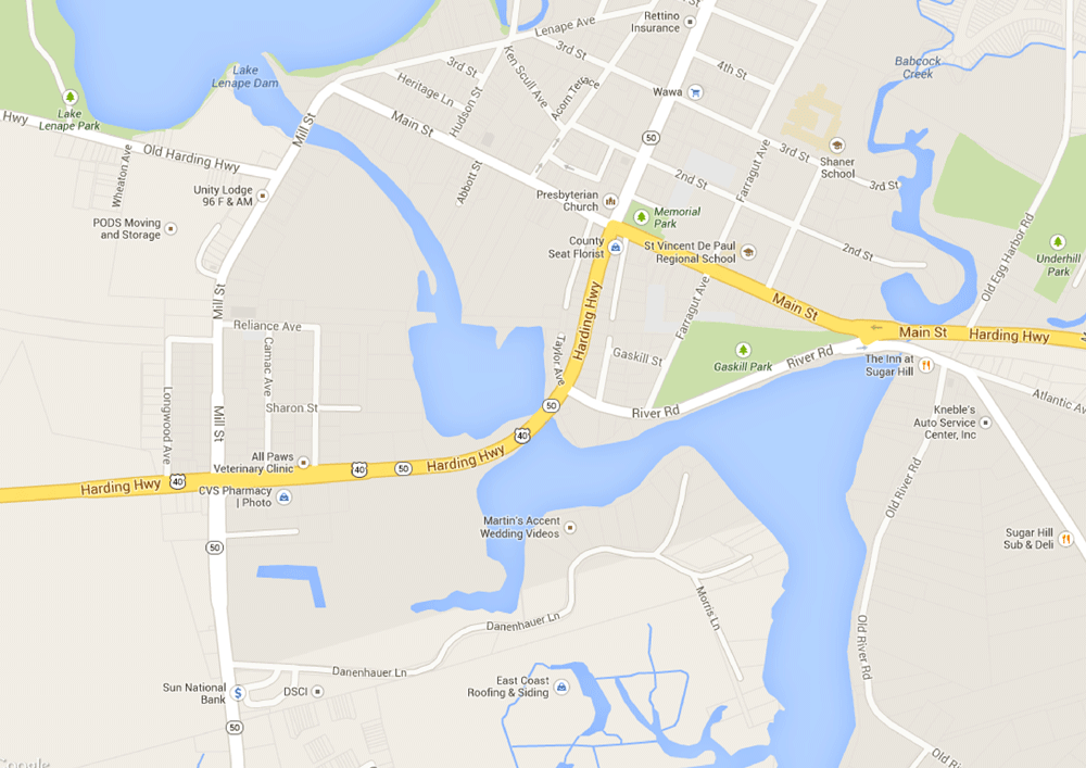 2013: "Mays landing." [Map data: google Maps, 2013.] Visible in light green, gaskill park resides on a swampy sec- tion of the great egg Harbor river that was filled in in 1928. route 40 crosses over the river on a newer bridge.